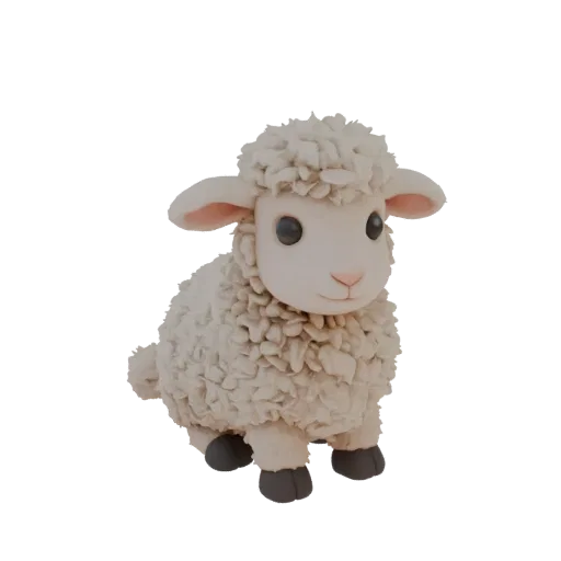 3D model of a cute lamb, sculpted from clay, sitting on its hind legs with its tail tucked and soft, semicircular wool.