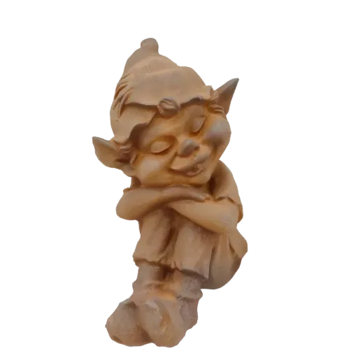 3D model of a sleeping elf figurine with closed eyes, wearing a pointed cap and rustic clothing, in a curled resting pose.