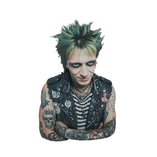 Modelo 3D de um punk rocker com cabelo verde espetado, maquiagem escura, tatuagens e colete de couro com tachas, braços cruza