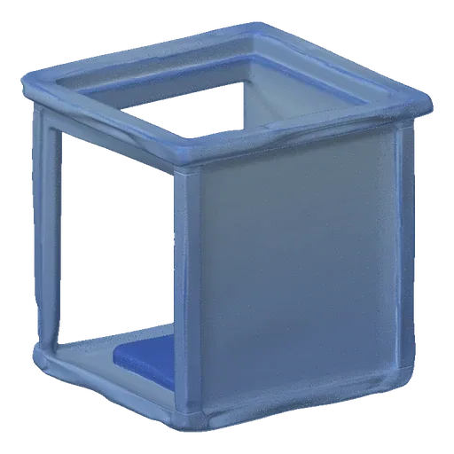 A 3D render of a transparent blue cube display stand with an open top and a solid blue base insert.