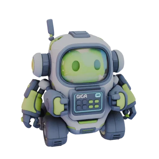 3D-Modell des niedlichen Roboters Giga mit grünem Bildschirm und weißem Gehäuse, der auf Rädern steht.