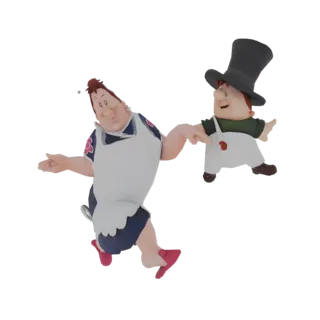 Una representación 3D de una madre e hijo estilo caricatura bailando juntos, con la madre en delantal y el niño con sombrero