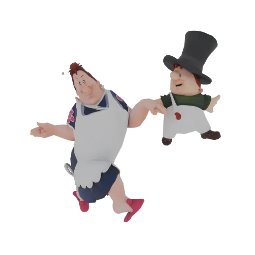 Una rappresentazione 3D di una madre e figlio in stile cartone animato che ballano insieme, con la madre in grembiule e il ba