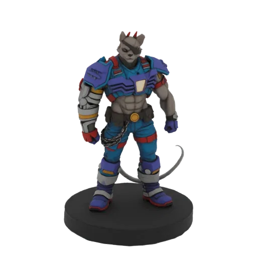3D model of a cyberpunk raccoon warrior with blue and purple armor, standing on a black base.