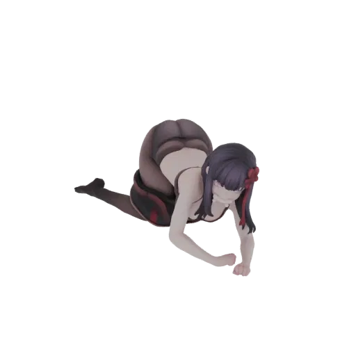 A 3D render of an anime girl with dark hair and a red hair accessory, depicted in a crawling pose on a black background.