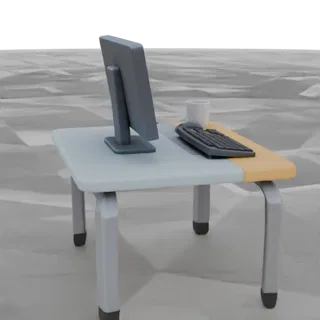 3D model of minimalist office desk with monitor, keyboard, and white mug on a grey background