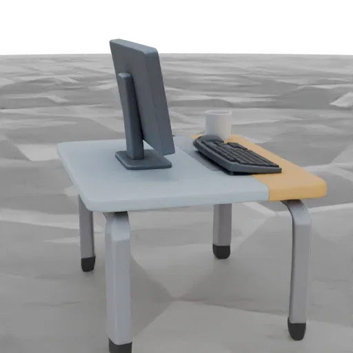 3D model of minimalist office desk with monitor, keyboard, and white mug on a grey background