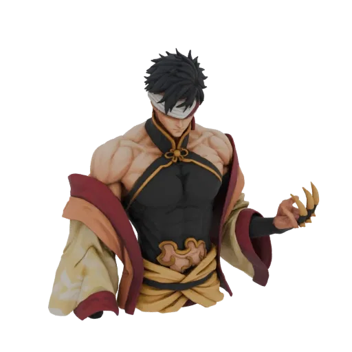 Rendu du modèle 3D d'un buste de guerrier musclé bandé avec une tenue noire, des robes rouges et dorées, et une main avec des
