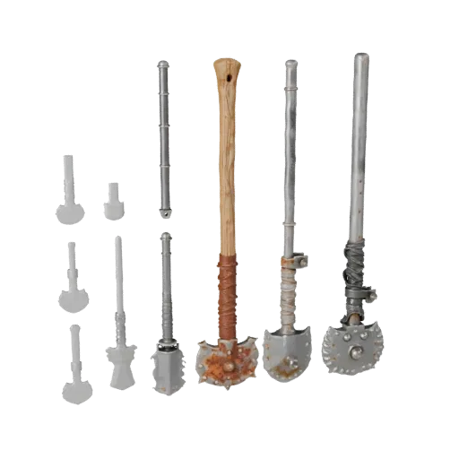 Rusted Mace Prop Modular 3D model, isometric modular kit view, showing worn metal, readable prop silhouette.