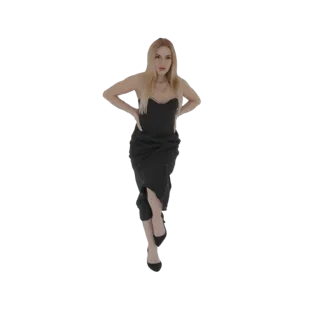 3D model of a woman with blonde hair wearing a black strapless dress and black high heels, posing with hands on hips.