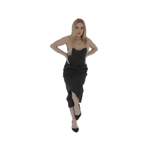 Modelo 3D de mujer con cabello rubio, vestido negro strapless y tacones altos negros, posando con manos en las caderas.