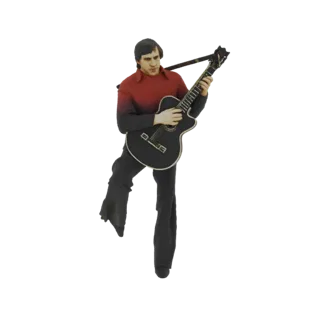 Modelo 3D de un guitarrista de rock masculino con camisa roja, tocando una guitarra acústica negra, capturado en una pose din
