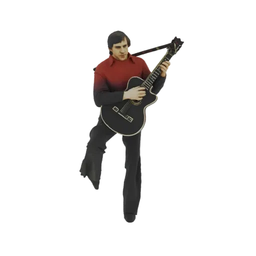 Modelo 3D de um guitarrista de rock masculino em camisa vermelha, tocando uma guitarra acústica preta, capturado em uma pose