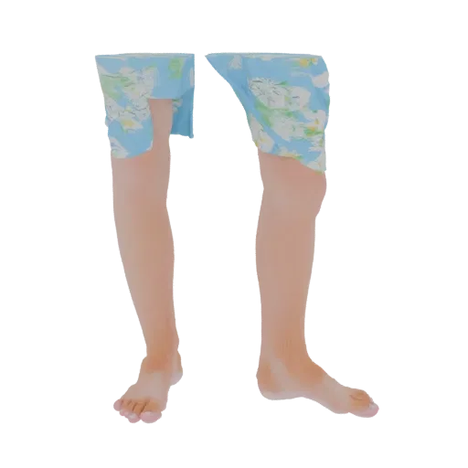 3D-Modell menschlicher Beine in hellblauen Shorts mit weiß-grünem Blumenmuster, vor weißem Hintergrund.