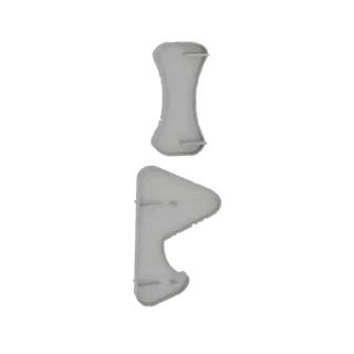 Un rendering 3D di due sculture astratte che assomigliano a ossa stilizzate, una a forma di clessidra e l'altra angolare, su