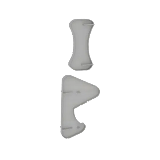 Uma renderização 3D de duas esculturas abstratas que se assemelham a ossos estilizados, uma em forma de ampulheta e a outra a