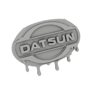 Renderização de modelo 3D do emblema do logo Datsun com um efeito de gotejamento estilizado, apresentado em acabamento cinza