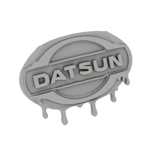 3D-Modell-Rendering des Datsun-Logo-Emblems mit stilisiertem Tropfeneffekt, präsentiert in mattgrauer Oberfläche.