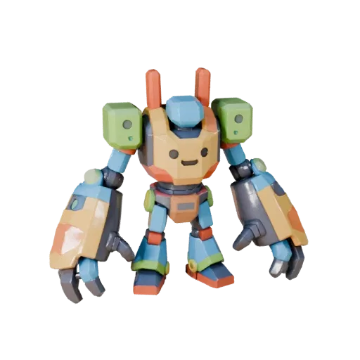 Fantasy Robot Mascot low poly 3D model preview showing pose, three-quarter game view, expression and smooth toy surfaces