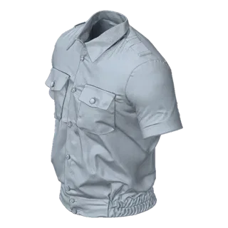 3D model of a light grey short-sleeve utility shirt with two chest pockets and a cinched hem, presented on a black background