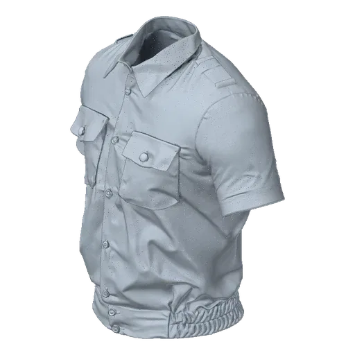 3D model of a light grey short-sleeve utility shirt with two chest pockets and a cinched hem, presented on a black background