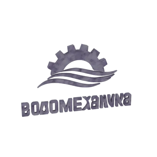 3D model of the Vodomekhanika logo, featuring a metallic gear above stylized water waves.