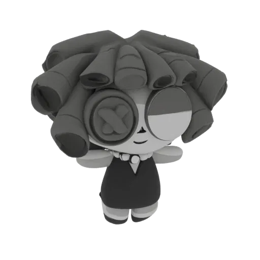 Modelo 3D de muñeca en escala de grises con grandes ojos de botón y voluminoso pelo rizado, vestida con un vestido oscuro.