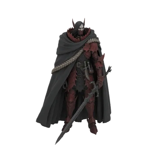 3D model of a dark knight in red armor, wearing a black cape with braided trim, and holding a sword.