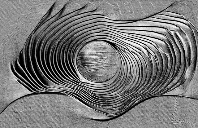 3D model of an abstract bas-relief with a vortex pattern of lines converging to a central circle, on a textured background.