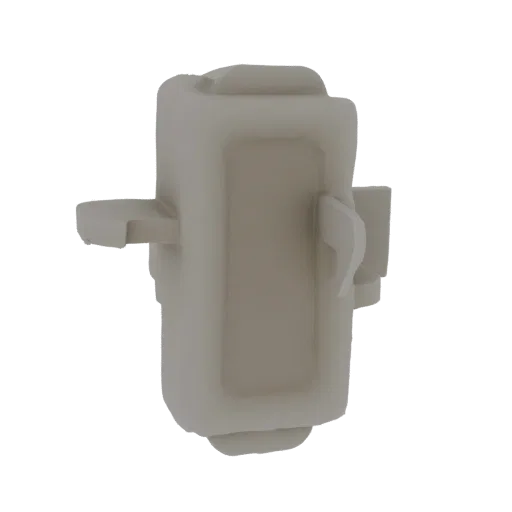 A 3D render of a minimalist rectangular electronic component housing with side protrusions, presented on a white background.