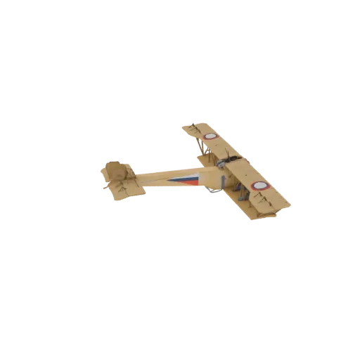 3D model of a vintage tan biplane with red and blue roundel markings, viewed from a three-quarter angle against a black backg