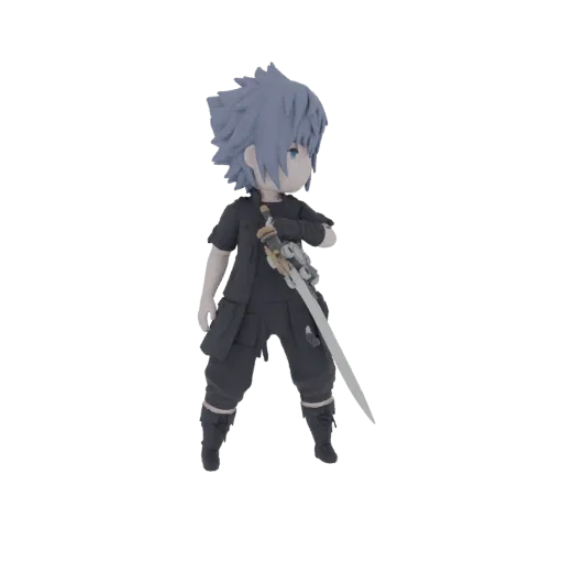3D model of a chibi-style Noctis Lucis Caelum from Final Fantasy XV, standing with his sword.