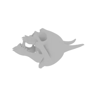 A 3D render of a grey, matte Oni skull with sharp teeth and two prominent horns, viewed from the side.