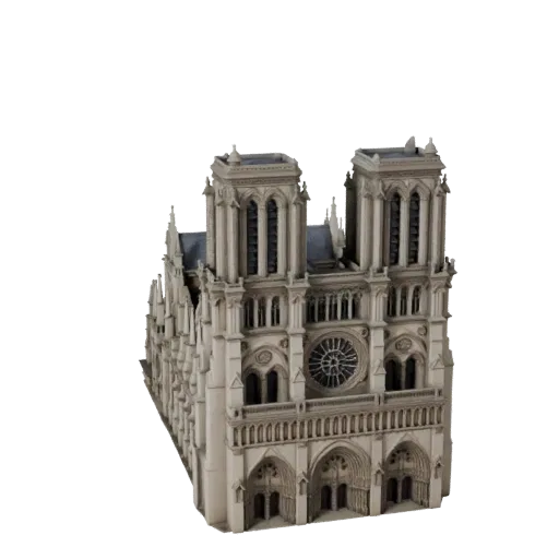 Modelo 3D STL imprimível da Catedral de Notre Dame, vista isométrica, mostrando materiais da estrutura do ponto turístico e d