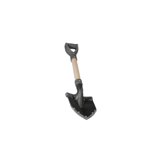 Worn Shovel 3D model, three-quarter front view, Unreal Engine viewport, showing painted metal, functional silhouettes.