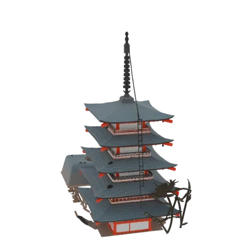 Modello 3D di una tradizionale pagoda giapponese a più livelli, con accenti rossi e una guglia centrale.