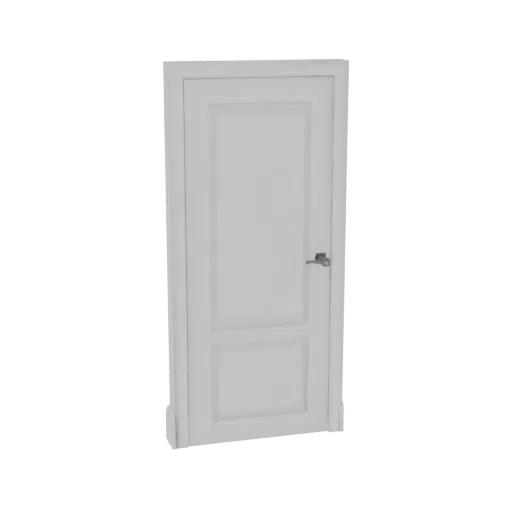 3D model of a modern white interior door with a silver handle and subtle panel detailing, set against a black background.