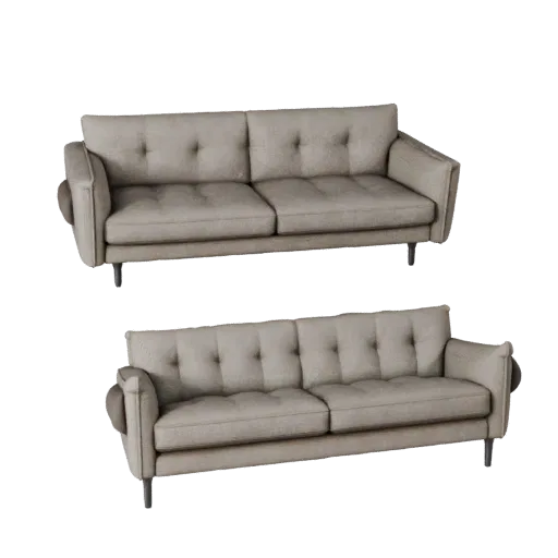 Modèle 3D de canapé capitonné pour visualisation produit, salon, rendu produit studio trois-quarts, détail tissu tissé.