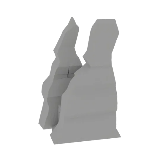 3D model of a jagged, grey rock formation with sharp edges and natural contours, set against a black background.
