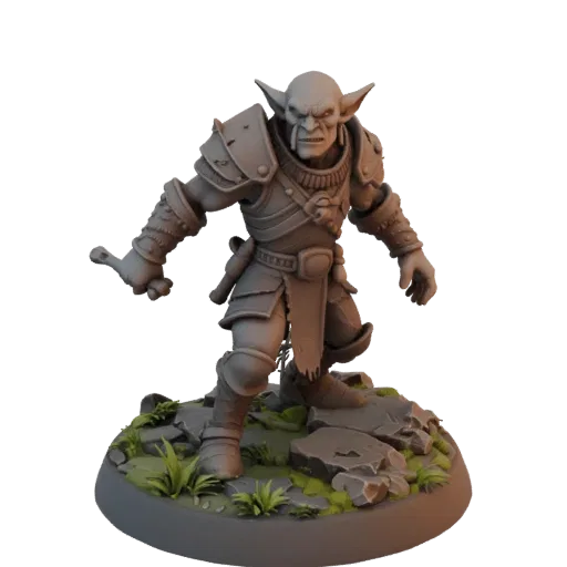 Dark Fantasy Goblin Warrior Miniature STL, Drei-Viertel-Tabletop-Rendering, Resin-druckbare Gegner-Miniatur mit Rüstung, Beut