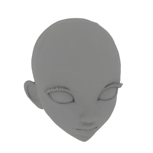 A 3D render of a stylized female head with smooth gray surfaces and detailed eyelashes, presented on a white background.