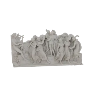 3D model of an Ancient Greek relief sculpture depicting a lively bacchanal scene with dancing figures and musicians.