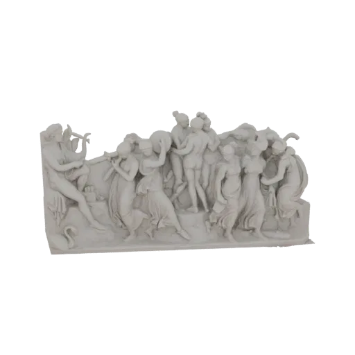 3D model of an Ancient Greek relief sculpture depicting a lively bacchanal scene with dancing figures and musicians.