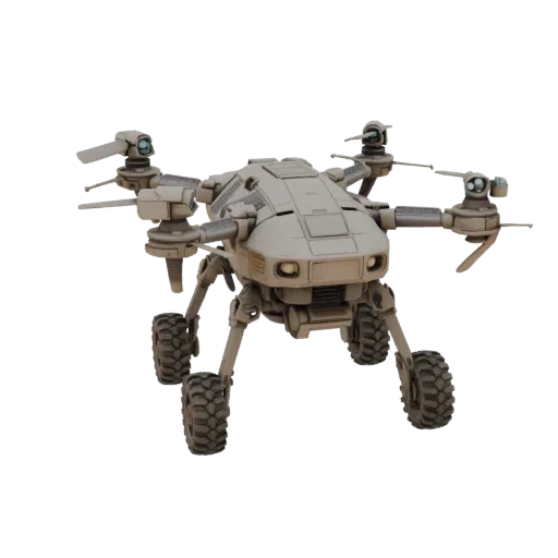 Prospector Drone Scout Printable 3D model, isometric STL render, showing dusty wheels, vehicle stance.