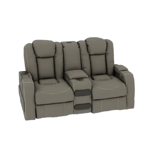 3D model of a modern grey two-seater recliner sofa with a central console and cup holders, shown from a three-quarter front v