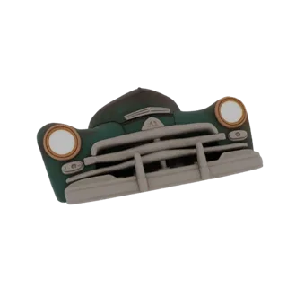 3D model of a vintage car grille with a rusty green finish, featuring chrome-like horizontal bars and round headlight bezels.