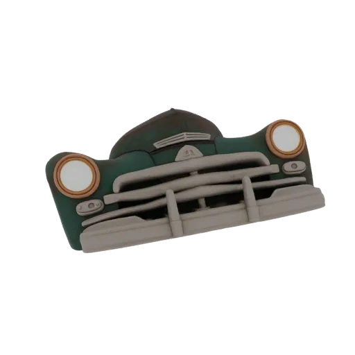 3D model of a vintage car grille with a rusty green finish, featuring chrome-like horizontal bars and round headlight bezels.