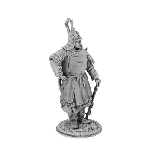 Modelo 3D de un general chino antiguo con armadura detallada, de pie sobre una base texturizada, con una mano en la cadera y