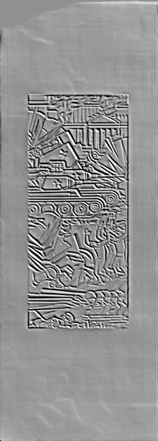 3D-Modell eines Flachreliefs, das einen Panzer und eine Gruppe von Soldaten darstellt.
