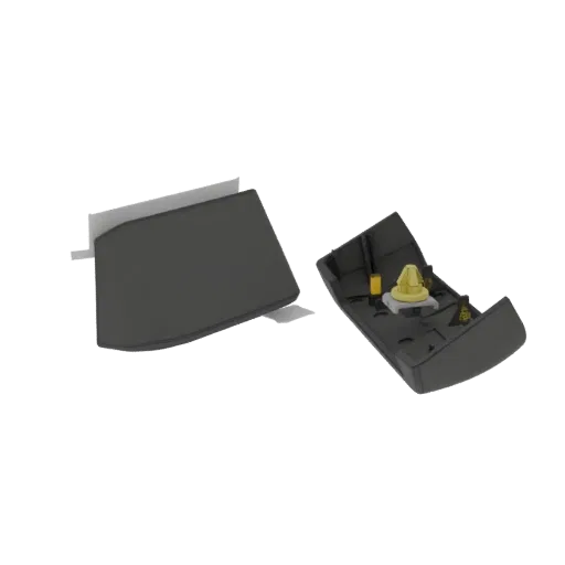 3D model of a dark gray car door handle trim piece, shown disassembled with its yellow and gray clip mechanism.